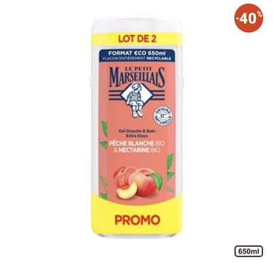 Lot de 2 Gels Douche Le Petit Marseillais Pêche nectarine bio - 2 x 650 ml - Leclerc Drive