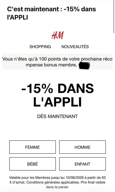 [Membres] 15 % de réduction dès 50 € d'achats (via application mobile) - H&M