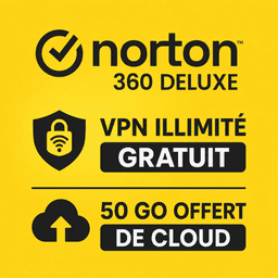 Norton 360 Deluxe Gratuit pendant 1 an avec VPN illimité et 50 Go de sauvegarde cloud , 3 PC, Macs, tablettes ... (sans engagement)