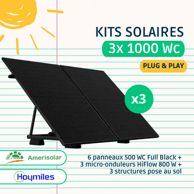 Kit solaire Plug & Play UpWatt 3000 Wc - 6 panneaux Amerisolar 500 Wc, 3 micro-onduleurs Hoymiles 800 W, structures au sol, suivi Wi-Fi - Upwatt