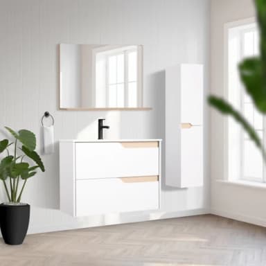 Ensemble meuble de salle de bain suspendu + vasque + miroir Tolima - Blanc Mat / Bois, L. 60 cm - Brico Dépôt