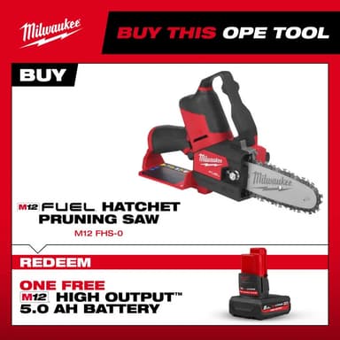 Milwaukee M12FHS 12V Fuel Hatchet Pruning Saw + Claim Free M12 High Output 5.0AH Battery - Powertoolmate