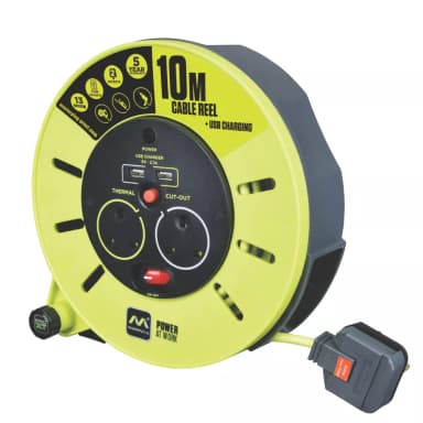 PRO XT 13A 2-Gang 10m Cable Reel + 2.1A 2-Outlet Type A USB Charger 240V - Free C&C - Screwfix