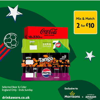 Tango Orange/7UP Zero/Pepsi Max Cherry 24 x 330ml or Coke Zero 18x330ml - Mix & Match 2 for £10 - Morrisons