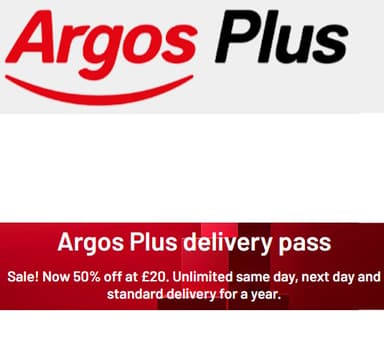 50% off Argos Plus Delivery Pass - Unlimited Same day, Next Day and Standard Delivery for a Year - Argos