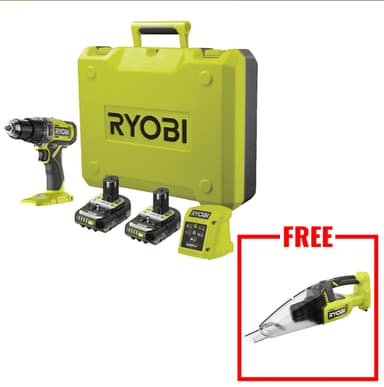 Ryobi RPD18-2C20B 18V ONE+ Combi Drill, 2x 2.0Ah Batteries, Charger & Case & Free Hand Vacuum - ITS