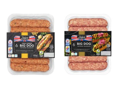 Deluxe 6 Big Dog Caramelised Onion or Smokey BBQ Hot Dog Sausages 600g - Lidl Plus Price - Lidl