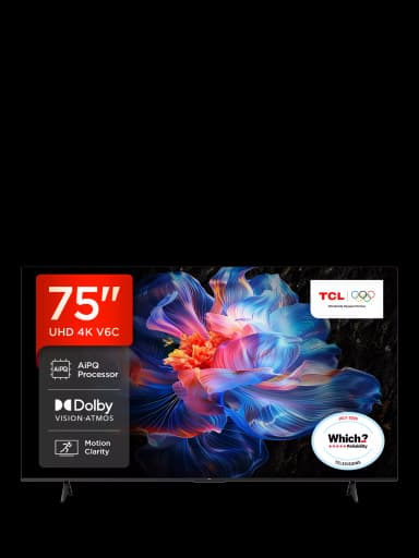 TCL 75V6C-UK (2025) 75V6C-UK (2025) LED HDR 4K Ultra HD Smart TV with Dolby Atmos, 75 inch, Black - John Lewis & Partners