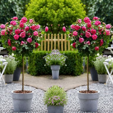 2 x Patio Standard PINK / RED Rose Trees circa 100cm tall - In Bud & Bloom - Gardening Express