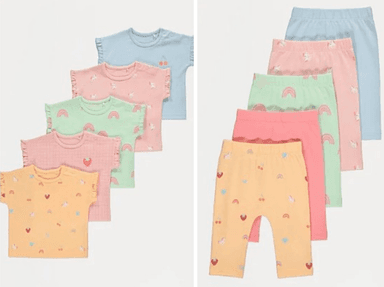 5 Pack Pastel Fruit Print T-Shirts/ Leggings, First Size - 12 Months + Free C&C (10% off George Rewards) - George At ASDA