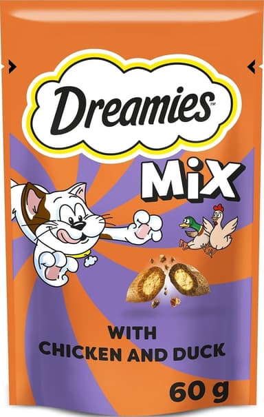 Dreamies Cat Food Treats with Delicious Chicken and Delectable Duck, 8 Pouches of 60 g | S&S £4.40 - Amazon
