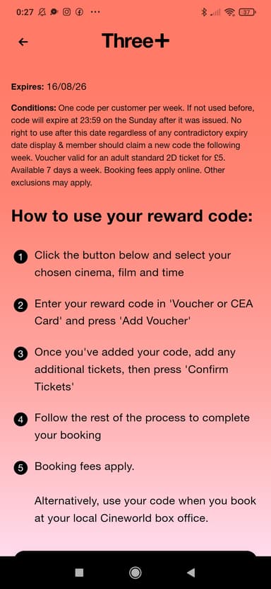 Cineworld ticket any day Three+ - Three