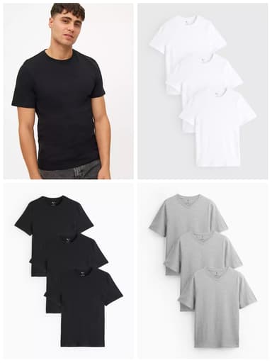 Mens Black/White Crew, Black/Grey V Neck Core Short Sleeve T-Shirt 3 Pack Sizes S-4XL + Free C&C - Argos