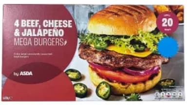 ASDA 4 Beef, Cheese & Jalapeño or Smoky Onion Mega Burgers 680g - ASDA Groceries