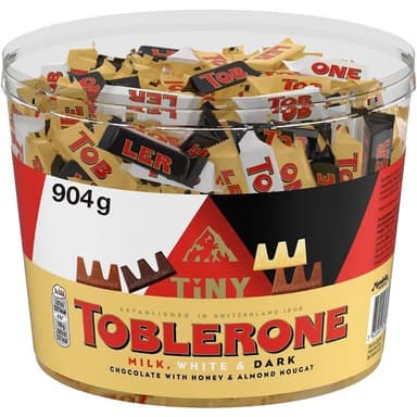 Toblerone Extra Large Tub, Assorted Milk, White & Dark Chocolate, 904g Individually Wrapped Tiny Toblerones - £13.11 / £11.73 S&S - Amazon