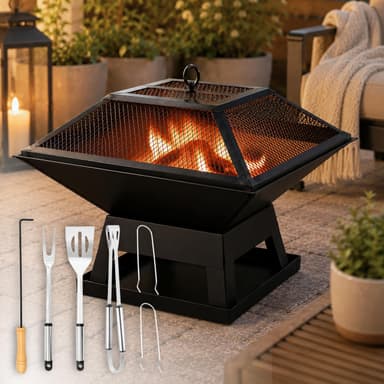 2-in-1 Square Fire Pit BBQ Grill 45cm Outdoor Wood Burner with Accessories | 2-in-1 fire pit & BBQ Grill - Sold & Shipped by Garden_Mile - Amazon
