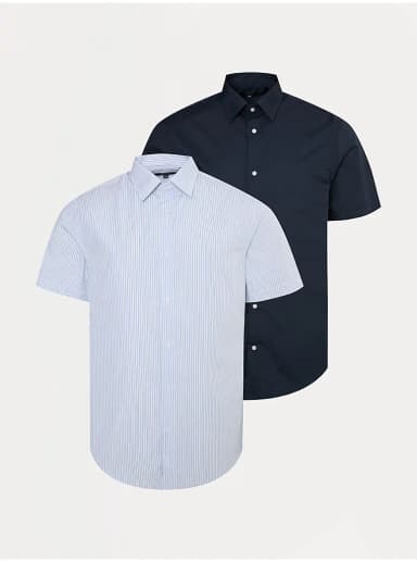 Mens 2 Pack Short Sleeve Shirts (Navy & Striped, Blue Check & Plain, Blue Stripe, Check) Sizes 14.5 - 19 + 10% Off with GR + Free C&C - George At ASDA