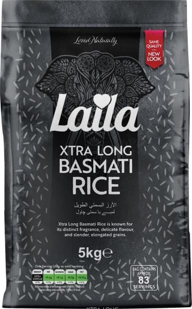 Laila Extra Long Grain Rice 5 Kg - 100% Gluten Free - Extra Long Grain White Basmati Rice ( £6.79 with max s&s) - Amazon