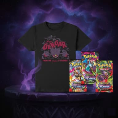 Pokémon Mega Gengar Premium T-Shirt Bundle (Size L) - Includes 3 Phantasmal Flames Booster Packs! - Zavvi