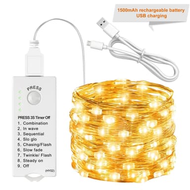 16ft 50 LED Rechargeable Fairy Lights, 8 Modes, Timer, Silver Wire, Warm White, Sold by Sinamer-UK / FBA - Amazon