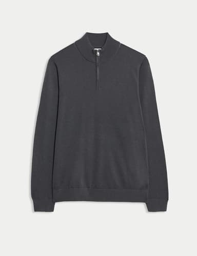 Mens Autograph Pure Extra Fine Merino Wool Half Zip Jumper (Granite / Teal) Sizes S-2XL + Free C&C - Marks & Spencer