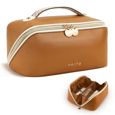 Large Prite Travel Makeup Bag Flat Lay Cosmetic Case with Brush Pocket Toiletry Bag - PriteShop FBA - Amazon