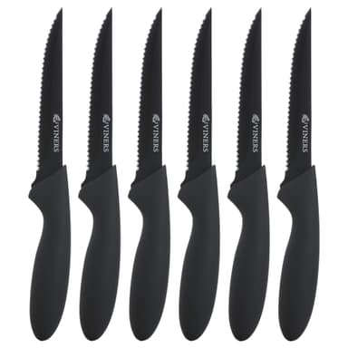 Viners Everyday Steak Knives | Set of 6 Stainless Steel Knives | Black Non-Stick Serrated Blades with Soft-Touch Handles - Amazon