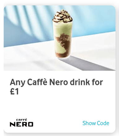 Get any barista‑made drink for £1 at Caffè Nero Via Vodafone Very Me Rewards App - Vodafone