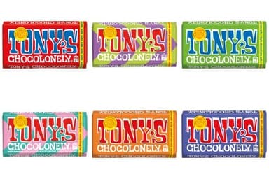 Tony's Chocolonely Milk/ Milk Pecan Caramel Crunch/ Everything Bar/ Milk Caramel Sea Salt/ Dark Almond Sea Salt/ 42% Milk Pretzel Toffee 90g - Waitrose