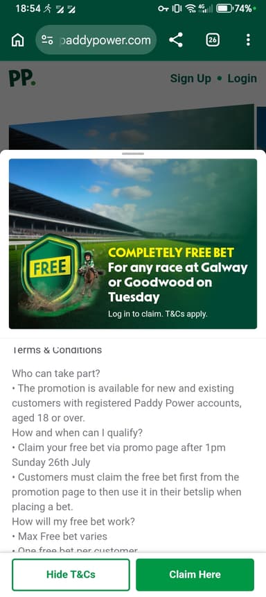 Free bet on Galloway or Goodwood - New & Exsisting customers (Log in to claim) - Paddy Power