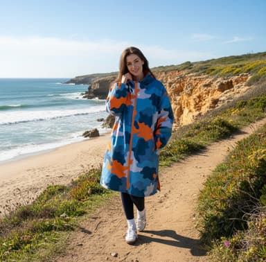 OHS Adults Water Resistant Camo Sherpa Drying Robe - Blue/Orange - Small/Medium & Large/X Large - Online Home Shop