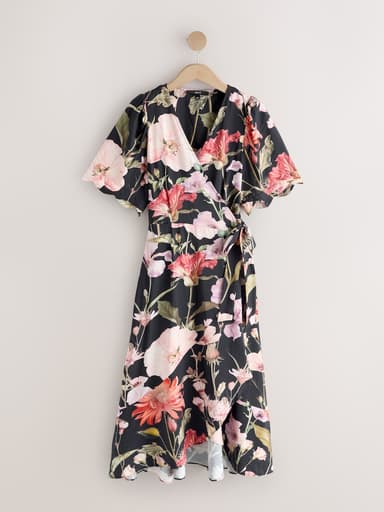 Navy Blue Floral Scallop Sleeve Wrap Midi Dress - Selected Sizes - Free C&C - Next