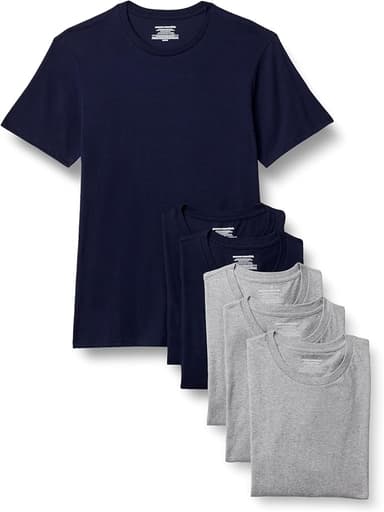 [6 Pack] Amazon Essentials Men's Slim-Fit Cotton Crew Neck Vests, Size Small - Medium Grey Heather/Navy Short Sleeve (S&S £6.84) - Amazon