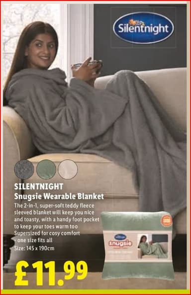Silentnight Snugsie Wearable Blanket (Teddy Fleece, Foot Pocket) 145 x 90cm in Grey, sage or cream - Lidl