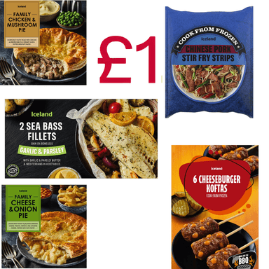 Flash Frozen Sale e.g.: 6 Cheeseburger Koftas / 2 Sea Bass Fillets Garlic & Parsley / Cheese & Onion Pie Minimum spend of £25 - Iceland