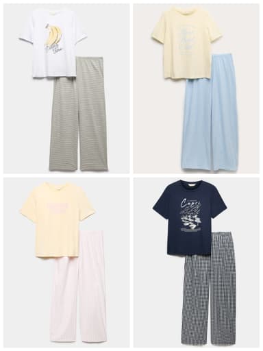 M&S Womens Pure Cotton Printed PJ Set / Pure Cotton PJ Set With Woven Bottoms £7.50 Sizes XS-2XL + Free C&C - Marks & Spencer