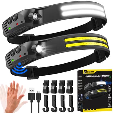 Rechargeable 230° Wide Beam Head Torch 2 Pack, Hands Free Sensor, 1500mAh IPX5 Waterproof - Sold by Aaizplz-EU / FBA - Amazon