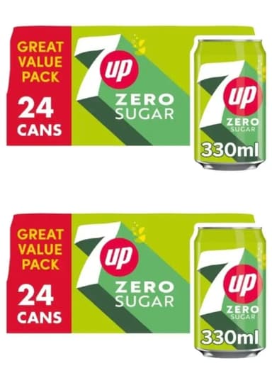 2 x 7UP Zero Lemon & Lime Cans 24 x 330ml Discount at Checkout (£14.19 / £12.61 with S&S) - Amazon