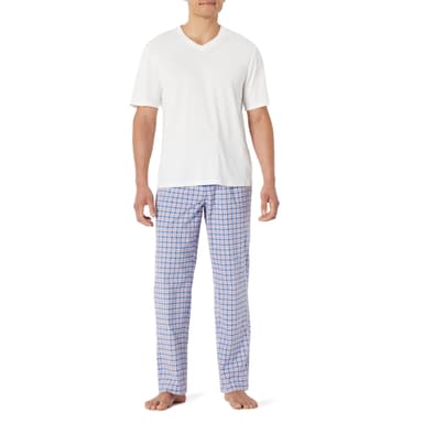 Amazon Essentials Men's Cotton Stretch Poplin Trouser with Cotton Jersey T-Shirt Pyjama Set - Size L - Amazon