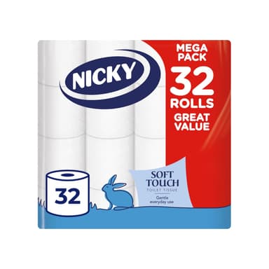 Nicky Soft Touch, 32 Rolls of Toilet Tissue, 2-Ply | 190 Sheets per Roll | S&S £6.58 - Amazon