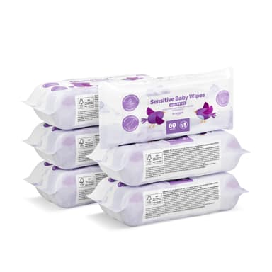 Amazon Sensitive Baby Wipes, Unscented, 360 Wipes, 6 Pack of 60, Plant-Based Wipes, £2.88 with S&S or x4 pack of 6 (x24) for £10.17 - Amazon