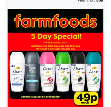 Dove Roll On Deodorant 50ml - Mixed - FarmFoods