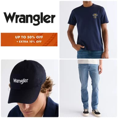 Up to 50% Off + Extra 10% Off Applied at Checkout - 3 Pack Socks £6.75 / Tee £11.25 / Jeans £29.25 & More - Wrangler