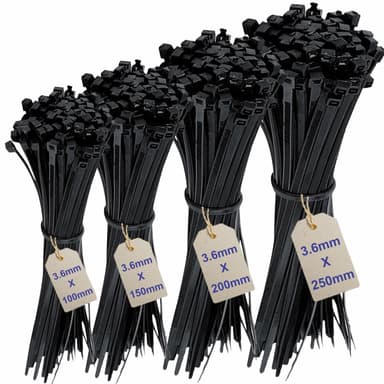 200Pcs Cable Ties Assortment -Mix Black Zip Ties Set with 4 Sizes (100/150/200/250mm) x 3.6mm sold by ZARB FBA - Amazon