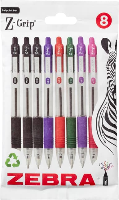 Zebra Z-Grip Assorted Colour Retractable Ballpoint Pens (Pack of 8) - Amazon