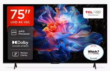 TCL 75V6C-UK (2025) LED HDR 4K UHD Smart TV Dolby Atmos, Black - 5 Yr Warranty With MY JL Rewards (Select Accounts) - John Lewis & Partners