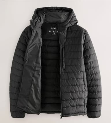 Next Men's Shower Resistant Lightweight Hooded Puffer Coat Jacket, Black / Navy £25 - free click and collect - Next
