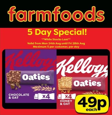 Kellogg's Oaties Chocolate & Oat / Honey & Oat Snack Bar 4 x 40g - FarmFoods