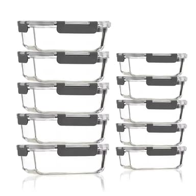 10-Pack Glass Meal Prep Containers with Airtight Lids (5 x 1050ml & 5 x 370ml). Sold by dashug FBA - Amazon