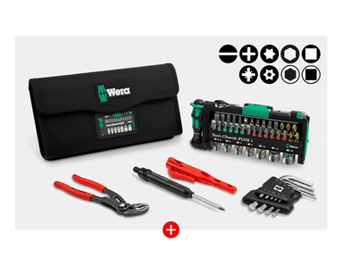 Set aus Wera Tool Check PLUS 1 39-teilig + Tasche, e.s. Wasserpumpenzange, e.s. Winkelschlüssel-Satz, e.s. Bau/Tieflochmarker - Strauss